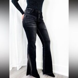 Risen Black Mid Rise Flare Rhinestone black Denim Jeans size 11/30
